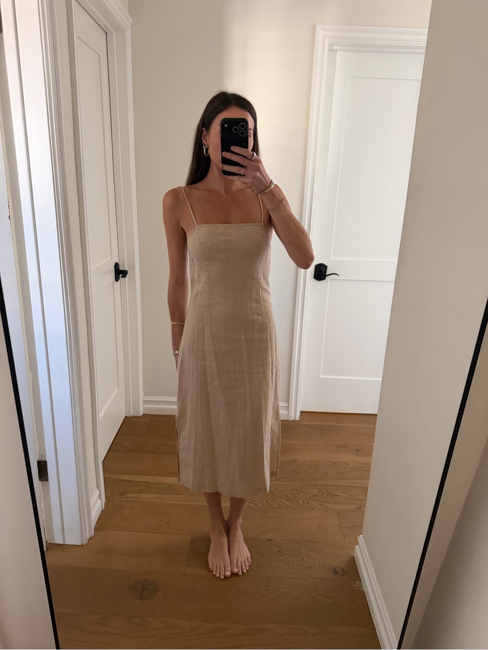 LPA Beige Linen Slip Midi Dress - Spaghetti Straps
